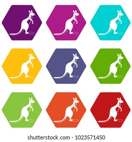 Kangaroo icon set many color hexahedron isolated on white vector illustration