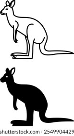 Iconos de canguro. Ilustración vectorial en blanco y negro. Mamífero marsupial, divertido canguro con cola masiva, poderosas patas traseras y Pequeñas patas delanteras. Para el diseño de libros para colorear. Concepto animal