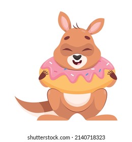 Kangaroo with inflatable circle in form of donut on his neck. Cute mammal having fun, getting ready for swimming cartoon vector illustration. Wildlife animal, marsupial concept