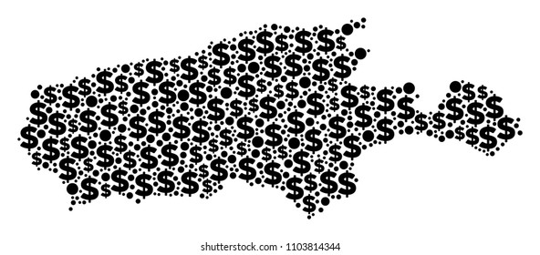 Kangaroo Island map mosaic of dollars and spheric dots in different sizes. Abstract vector monetary and GDP Kangaroo Island map.