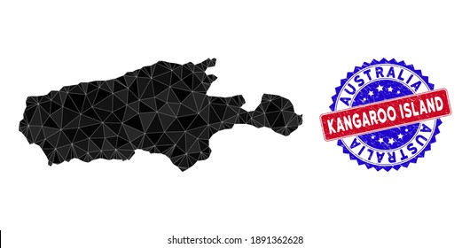 Kangaroo Island map polygonal mesh with filled triangles, and scratched bicolor seal. Triangle mosaic Kangaroo Island map with mesh vector model, triangles have randomized sizes, and positions,
