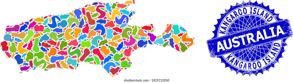 Kangaroo Island map template. Blot mosaic map and grunge seal for Kangaroo Island. Sharp rosette blue stamp seal with tag for Kangaroo Island map.