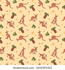Kangaroo and Joey Seamless Pattern Illustration. Design for fabric, textile, wallpaper, packaging	
