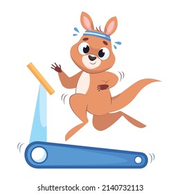 Kangaroo jogging on treadmill cartoon vector illustration. Cute mammal with headband running, doing cardio workout or physical activity. Wildlife animal, marsupial, sport concept