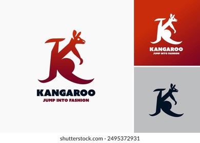 Kangaroo Jump Logo: A sleek letter K integrates with a kangaroo mid-leap, ideal for fitness or outdoor adventure brands. Layered EPS Vector