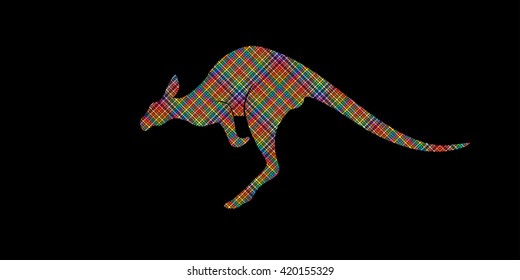 Kangaroo jumping designed using colorful pixels graphic vector.