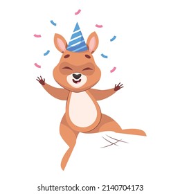 Kangaroo jumping in holiday hat cartoon vector illustration. Happy mammal smiling with closed eyes, celebrating birthday, enjoying life. Wildlife animal, marsupial, party concept