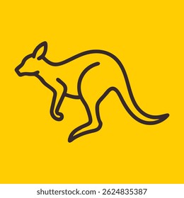 Logo da linha de salto canguru. Ícone linear de canguru preto isolado no plano de fundo amarelo. Ilustração vetorial.