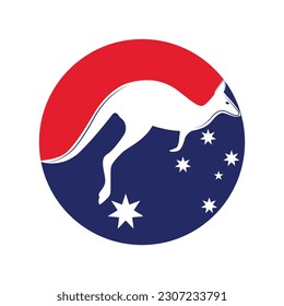 Ilustración vectorial de la plantilla de logotipo de salto canguro dentro de una forma de colores y estrellas de la bandera australiana circular.