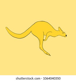 Kangaroo jumping on a desert. Vector outline illustration. Australian animal. Travel icon. Yellow background.