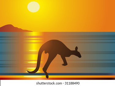 The kangaroo jumps against a red sunset