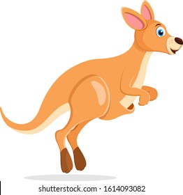 Kangaroo jumps and smiles on a white background.