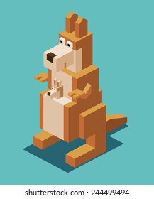 kangaroo with the kid. 3d pixelate isometric vector