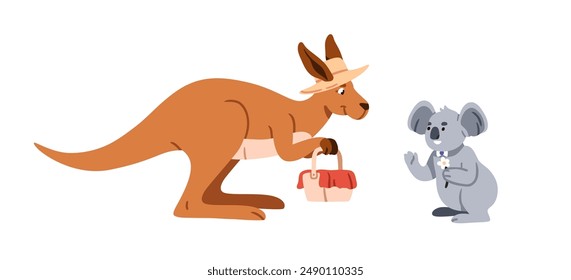 Oso canguro y koala, lindos personajes animales divertidos hablando. Feliz comunicación antropomórfica con mamíferos australianos. Escena de hadas infantiles. Ilustración vectorial plana aislada sobre fondo blanco