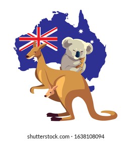 kangaroo and koala with map of australia in the background vector illustration design