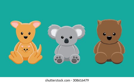 Kangaroo Koala Wombat Doll Set Cartoon Vector Illustration