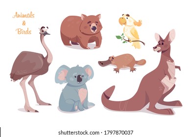  Kangaroo, Koala, Wombat, Emud, Kakadu, Platypus einzeln auf transparentem Hintergrund. Australische Tiere, Vektorset. Funny Cartoon Charaktere. Wildtiere und Vögel.Illustration des Zoos. 