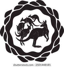 Diseño del Vector del logotipo del canguro con la silueta hecha a mano del marco floral	
