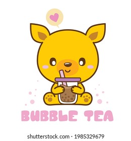 kangaroo love bubble Tea, Character Cartoon, love Boba Tea, Yummy drinks, Vector Illustration