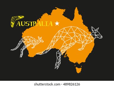 Kangaroo in low poly art merged with an Australian Map and other elements. Editable Clip Art. 