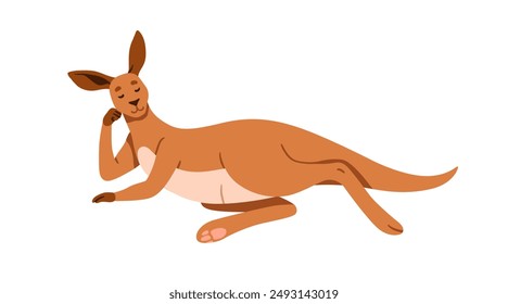 Kangaroo lying in relaxed pose. Cute Australian marsupial enjoying leisure. Adorable funny charming animal character in elegant chilling position. Flat vector illustration isolated on white background