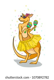 Kangaroo with maracas on a white background. Australian Animal - vector greeting card for the festival. Confetti and sweet marsupial on happy carnival.