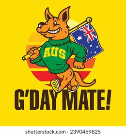 Kangaroo Mascot Character Design Holding Australian Flag in Hand Drawn Style Vector Illustration