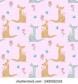 Kangaroo mom and baby seamless pattern. 