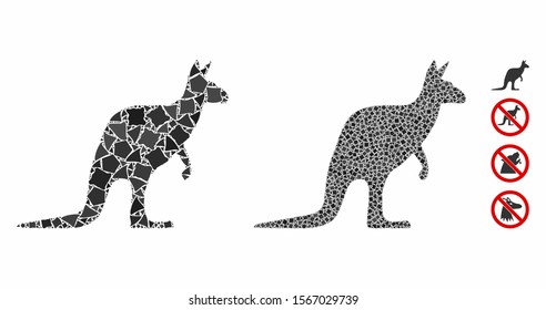Kangaroo mosaic of raggy items in variable sizes and color tints, based on kangaroo icon. Vector unequal items are united into mosaic. Kangaroo icons collage with dotted pattern.