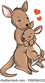 Kangaroo mother with baby. In love. Cute Australian animals. Vector illustration.