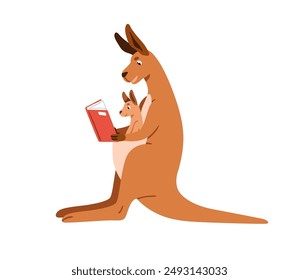 Kangaroo mother and joey in pouch reading book. Cute marsupial family, baby cub learning with parent. Australian animal, mom and kid mammals. Flat vector illustration isolated on white background