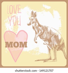 Kangaroo. Mothers day greeting card. Hand drawn vector illustration. Can be used separately from backdrop or postcard. 