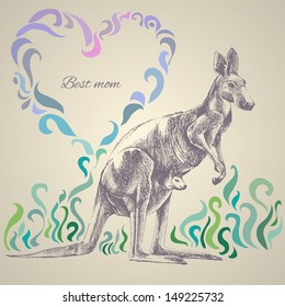 Kangaroo. Mothers day greeting card. Hand drawn vector illustration. Can be used separately from backdrop or postcard. 