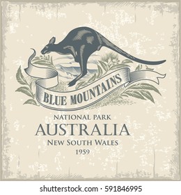 Kangaroo, the national Park Blue Mountains, Australia, vintage, illustration, vector