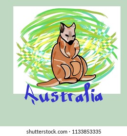 Kangaroo on a green background. Word in English "Australia"
