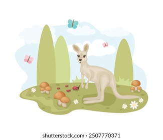 Kangaroo on the lawn. A cute children s illustration of a kangaroo standing on a green lawn with mushrooms and ladybugs, against a blue sky background. Vector