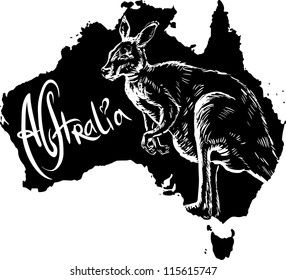 Kangaroo on map of Australia. Black and white vector illustration.