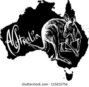 Kangaroo on map of Australia. Black and white vector illustration.