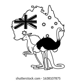 Kangaroo and ostrich with map of Australia in the background. vector illustration design.