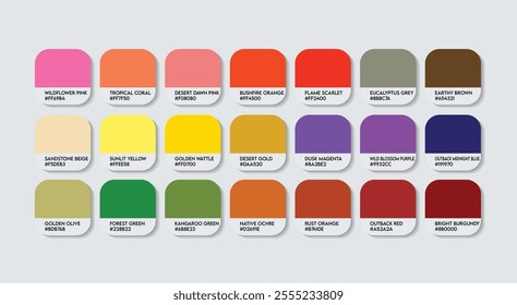 Kangaroo Paw (Australia) Flower Color Palette, Kangaroo paw Flower Color Guide Palette with Color Names. Catalog Samples of Kangaroo paw Flower colors with RGB HEX code. Fashion Trend bright tones