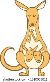 Kangaroo praying with babies in her bag. Vector illustration on white background.