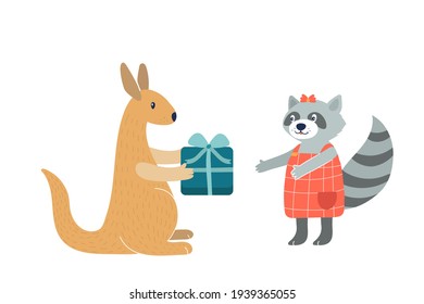 Kangaroo and raccoon funny characters isolated on white. Cute animals give present, gift. Lovely raccon girl in red dress. Happy birthday concept. Cartoon characters.