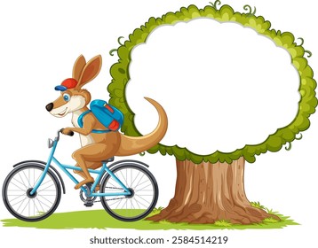 Kangaroo rides a bicycle beside a large tree