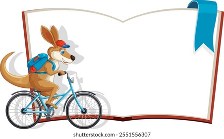 Kangaroo rides a bicycle beside an open book