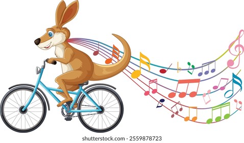 A kangaroo rides a bike with colorful notes