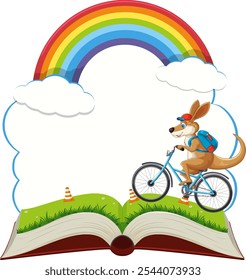 Canguro monta una bicicleta sobre un libro abierto