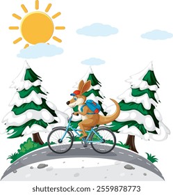 Kangaroo rides a bike in a winter landscape