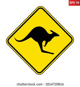 Kangaroo road sign. Vector illustration of yellow diamond shaped traffic sign with kangaroo icon inside. Kangaroos crossing warning symbol isolated on white background. Australian animal sign.