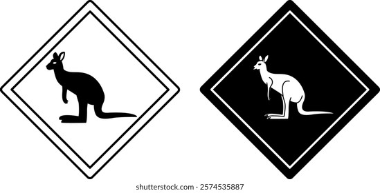 Kangaroo Road Signs. Black and White Vector Icons. Road Sign Warning About Animals Crossing the Road. Zoo Sticker