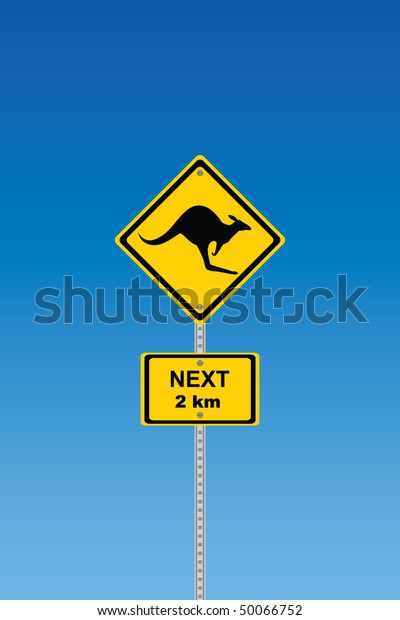 Kangaroo\
road warning sign with distance sign saying 2\
km